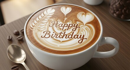 Happy birthday latte art coffee cup on wooden table with spoon and beans, isolated on white background