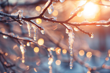 Ice-covered branches glistening in warm sunlight, highlighting the risk of branch breakage and bark damage, symbolizing the fragility of nature against unpredictable winter weather