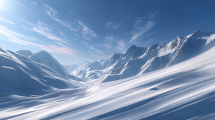 Snowy mountain landscape under bright sun with skis planted in foreground. Concept of winter travel visuals, outdoor gear marketing, 4x4 lifestyle storytelling and clean design backgrounds.