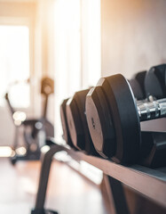 Fototapeta premium Domowa siłownia - hantle na stojaku tło