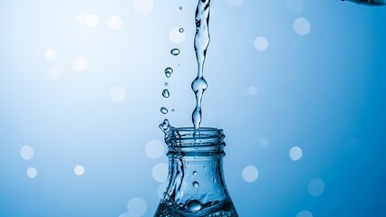 Conceptual blue and white image illustrating the filling process, where liquid is precisely poured into a glass container