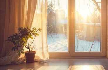 Indoor plant in a pot beside a sunlit window, with light curtains gently moving, casting soft shadows on the floor, outside early spring landscape with melting snow, concept of seasonal transitions