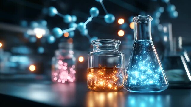 Mystical chemistry scene, glowing molecules visible, magical-looking potions, ethereal laboratory setup, beauty mystery exploration, scientific molecular structures, enchanting res