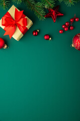 Merry Christmas and Happy Holidays greeting card, frame, border. New Year. Red Christmas ornaments and gifts, presents on green background top view. Xmas holiday festive theme. Christmas decoration