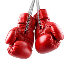 Professional Red Boxing Gloves Hanging Against Transparent Background