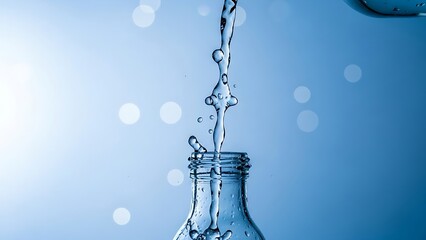 Water stream and droplets captured in high detail, pouring from a large vessel into a smaller one, with blue bokeh