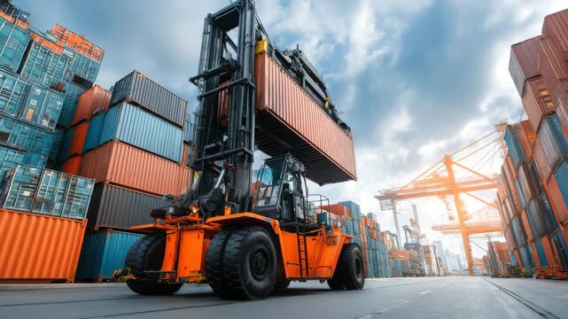 Forklift loading shipping container in freight yard
