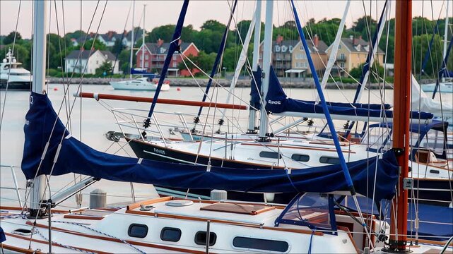 Many sailboats with blue covers moored in a harbor with coastal townhouses in the background