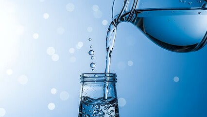 Refreshing image of clear water splashing as it is poured into a narrow flask, signifying freshness and quality