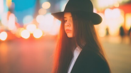 Woman in hat stands on city street at night with blurred lights behind