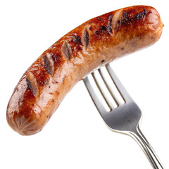 grilled sausage on a fork white background