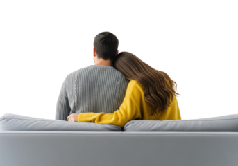 Young couple from rear in textured grey and bright yellow sweaters, heads touching, hands intertwined on a studio sofa against stark white copy space. Concept of peaceful intimacy and commercial