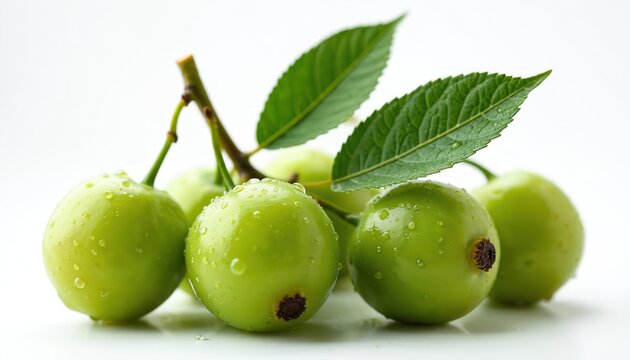 Cluster of fresh green Kakadu plums with water drops. Ripe fruits on branch with leaves. Juicy raw ingredient for healthy food or cosmetics. Isolated on white.
