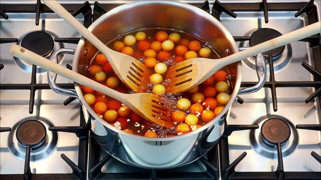 Stainless steel pot on a gas stovetop simmering small yellow and orange sweet dumplings in liquid with wooden spoons