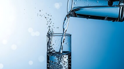 Glass carafe pouring clean, fresh water into a small bottle, conveying themes of bottling and liquid clarity