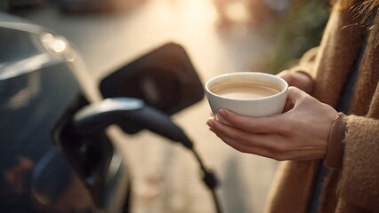 A person holding a coffee cup while charging an electric vehicle outdoors. Warm lifestyle moment representing sustainable transportation and modern eco-friendly living.