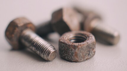Rusty nuts and bolts scattered on a flat surface during daytime