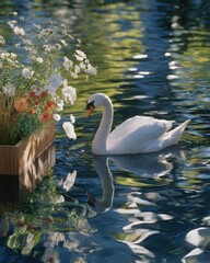 Fototapeta premium Serene Swan Boat Podium Gliding on Reflective Waters