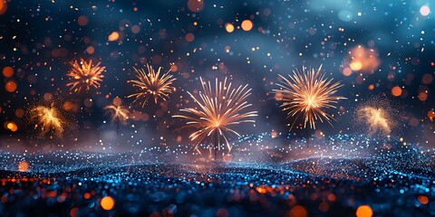 Panoramic Celebration Dazzling Fireworks Illuminating a Glittering Landscape Under a Starry Night Sky