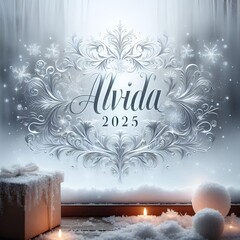 &ldquo;December snow falling gently, Alvida 2025 written on frosted window.&rdquo;