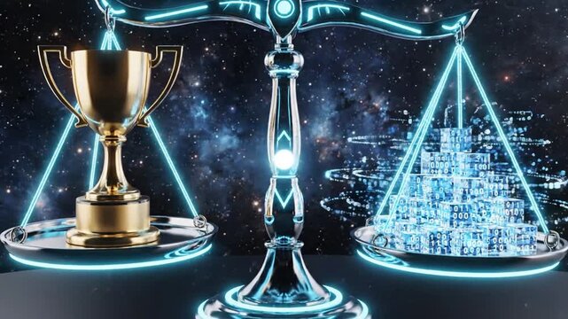 Digital scale gold trophy versus data pyramids