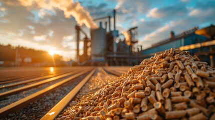 A mountain of wood pellets on railway tracks near an industrial plant symbolises the use of alternative energy sources, which would be suitable as a technical backdrop  