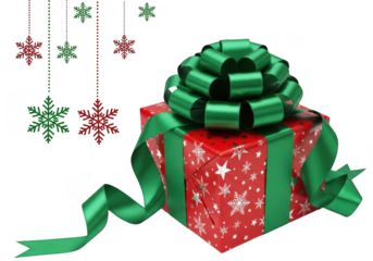 A festive red christmas gift box with a large green bow and ribbon, adorned with snowflakes, isolated on transparent background