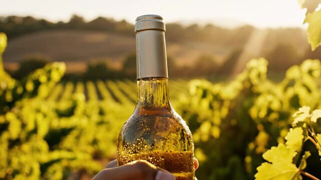 Close-Up Shot of a Wine Bottle Being Held Against a Golden Vineyard Landscape During Beautiful Sunset Light