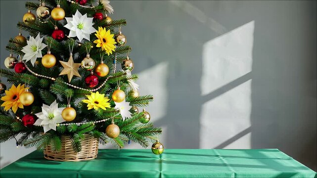 Decorated green Christmas tree with gold ornaments and flowers stands near a wall with window light shadows