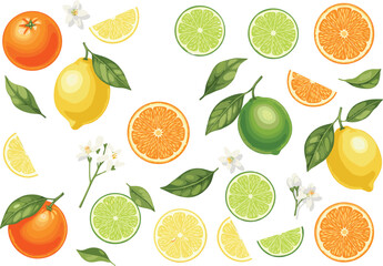 Fresh citrus fruit pattern vector featuring oranges, lemons, limes, slices, wedges, leaves, and blossoms in bright decorative style.