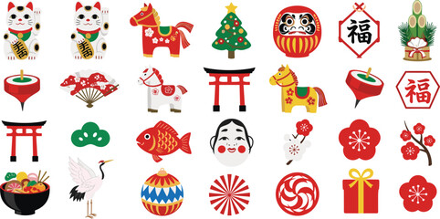 A delightful collection of traditional Japanese New Year good luck symbols, including Maneki Neko, Daruma, Shimenawa, and Torii gates, vector illustration set representing culture