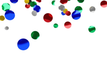 Photorealistic close-up of high-gloss metallic round confetti (blue, red, green) scattered against a brilliant white background with shallow dof and bokeh. high contrast. birthday celebration