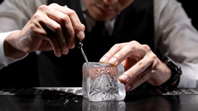 Asian man carving ice with floral design for cocktail. Skilled bartender at work.