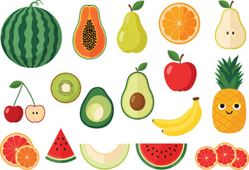 Colorful assorted fruit vector collection featuring watermelon, papaya, pear, orange, kiwi, avocado, apple, banana, pineapple, and citrus slices.
