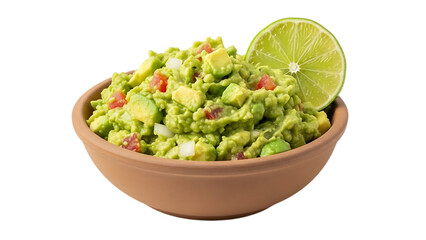 Bowl of fresh guacamole with lime slice isolated on transparent background