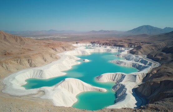 Aerial view of lithium mine. Turquoise water pools contrast with white mineral deposits in arid landscape. Mining area located between sandy mountains under cloudless blue sky. Eco resource industry