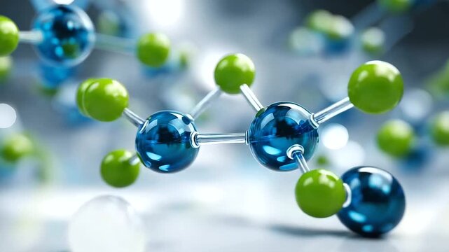 Molecular structure diagram, blue green atoms, chemical bond display, volatile organic compounds, VOCs concept visualization, environmental chemistry focus, scientific illustration