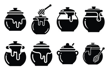 Set of Minimalist black honey pot kitchen tool silhouette icon set