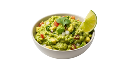 Fresh guacamole in a white bowl with a lime wedge, isolated on white isolated on transparent background