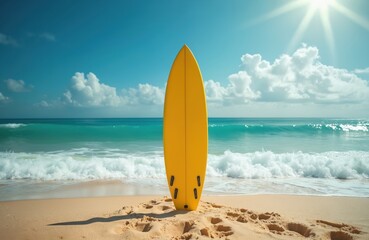 Bright yellow surfboard stands upright on sandy beach with calm turquoise sea. Sunny weather, puffy clouds in blue sky. Vacation travel concept. Ocean waves roll to shore and splash.