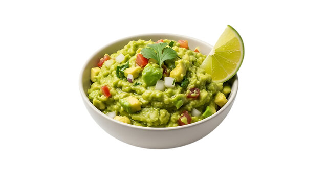 Fresh guacamole in a white bowl with a lime wedge, isolated on white isolated on transparent background