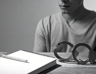A partially visible figure sits with handcuffs, a notebook, and a pen on a table, conveying a somber mood of isolation or detention.