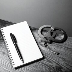 Handcuffs, a pen, and a notebook lie on a dark wooden surface, representing elements of law, crime, or a formal investigation.