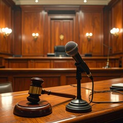 A traditional wooden courtroom setup showing the judge's bench, a microphone, and a gavel in clear focus.