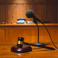 A close-up view of a gavel and a microphone positioned on the witness stand or judge's bench in a courtroom setting.