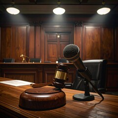 A dark and dramatically lit wooden courtroom featuring the judge's bench and a central microphone ready for proceedings.