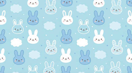 Obraz premium 水色の可愛いウサギの顔と雲のパターン背景