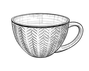 Vector hand drawn illustration of cup for tea or coffee in engraved style. Mug for hot drinks. Ceramic, glass, porcelain household kitchen utensils. Black and white sketch isolated on white background