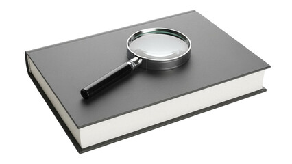 Magnifying glass on gray book isolated PNG, research and investigation concept for education and reading, on transparent background