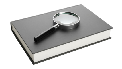 Magnifying glass on gray book isolated PNG, research and investigation concept for education and reading, on transparent background
